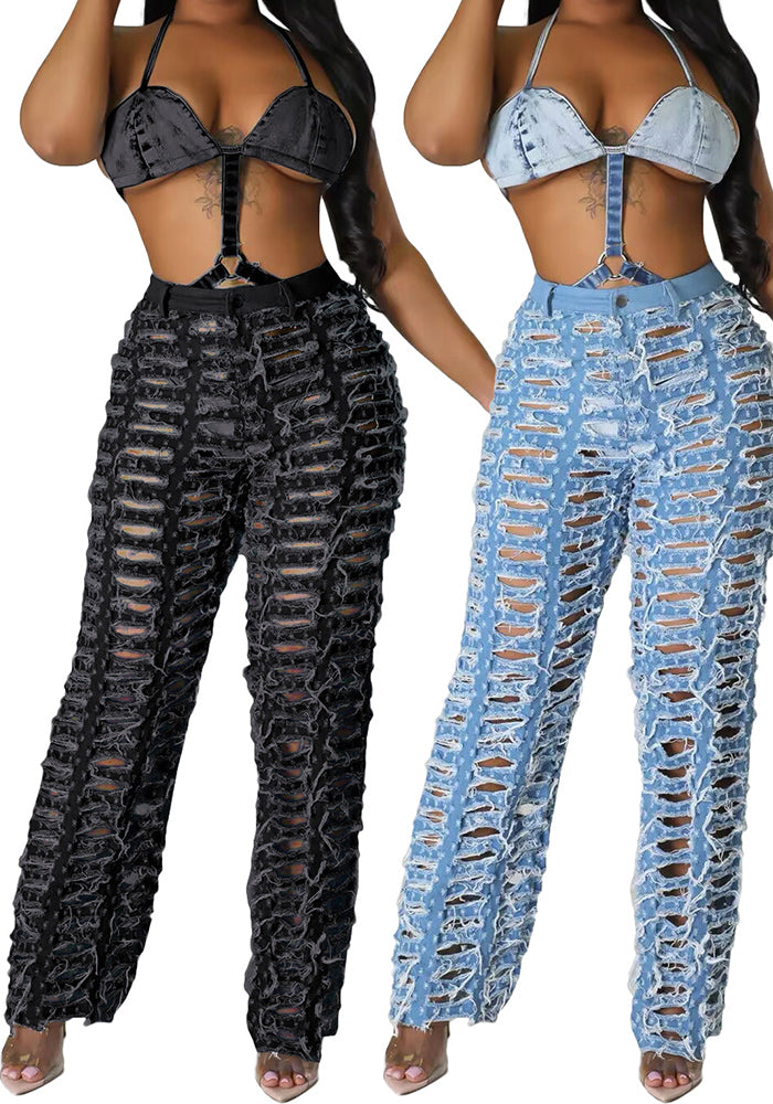 Spring Summer Women's Ripped Tassel Solid Color Wide Leg Pants