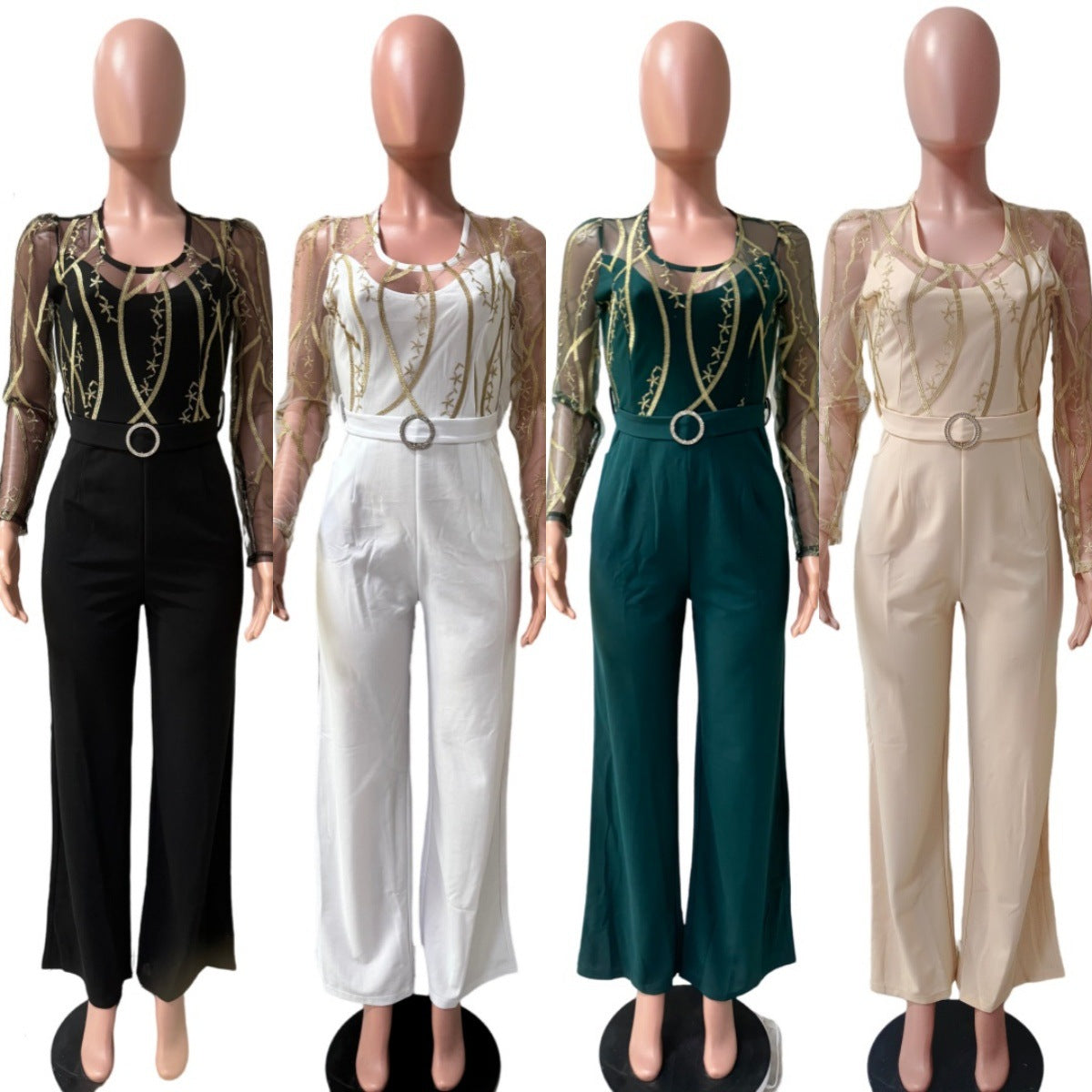 Women's Mesh See-Through Embroidery Patchwork Sexy Jumpsuit (Includes Belt) 8