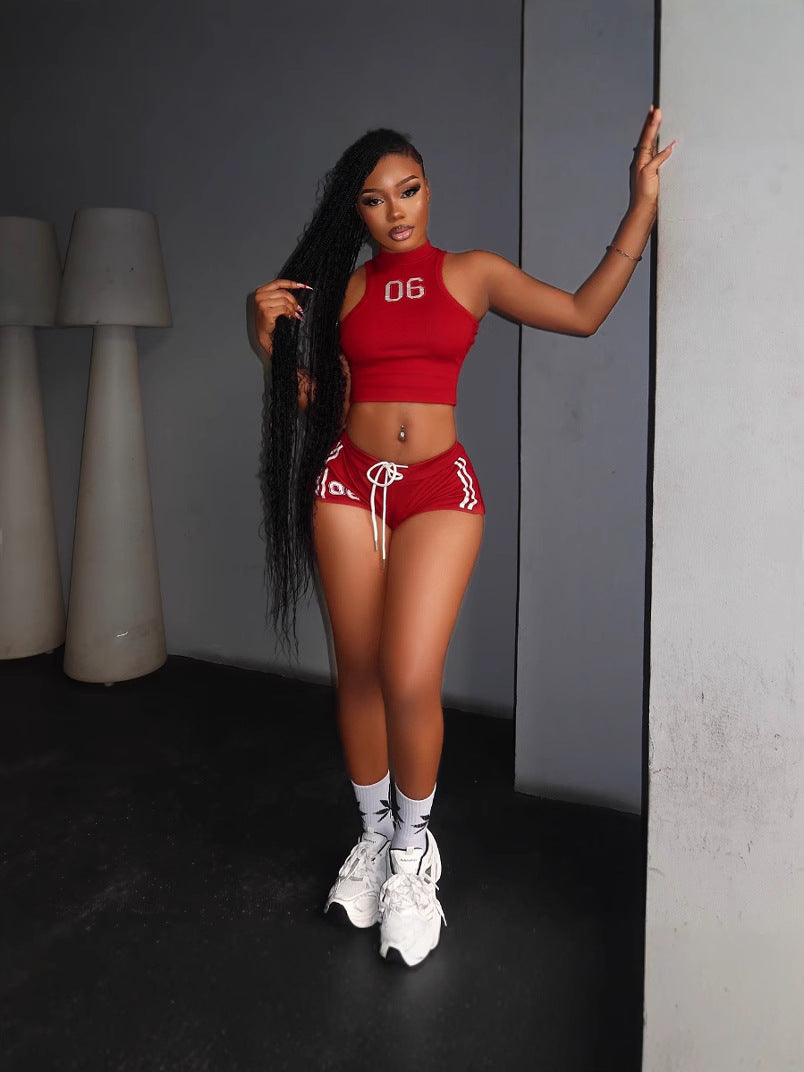 Women American Tank Top Shorts Sports Two-Piece Set 5