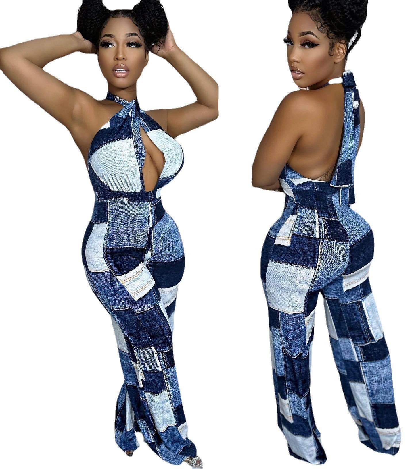 Ladies Plaid Street Trend Loose Digital Print Sexy Jumpsuit 4
