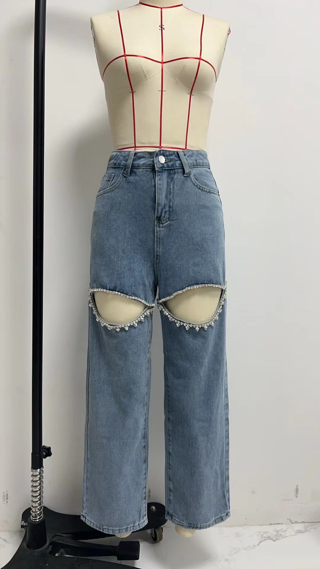 Fashion Diamond Beaded Mid-Waist Straight Hollow Women's Denim Pants 12