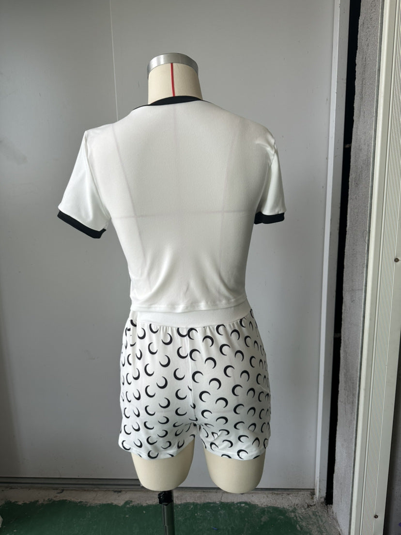 Fashion Trend Moon Print Design Stretch Slim Fit Sexy Basic Top Shorts Set 8