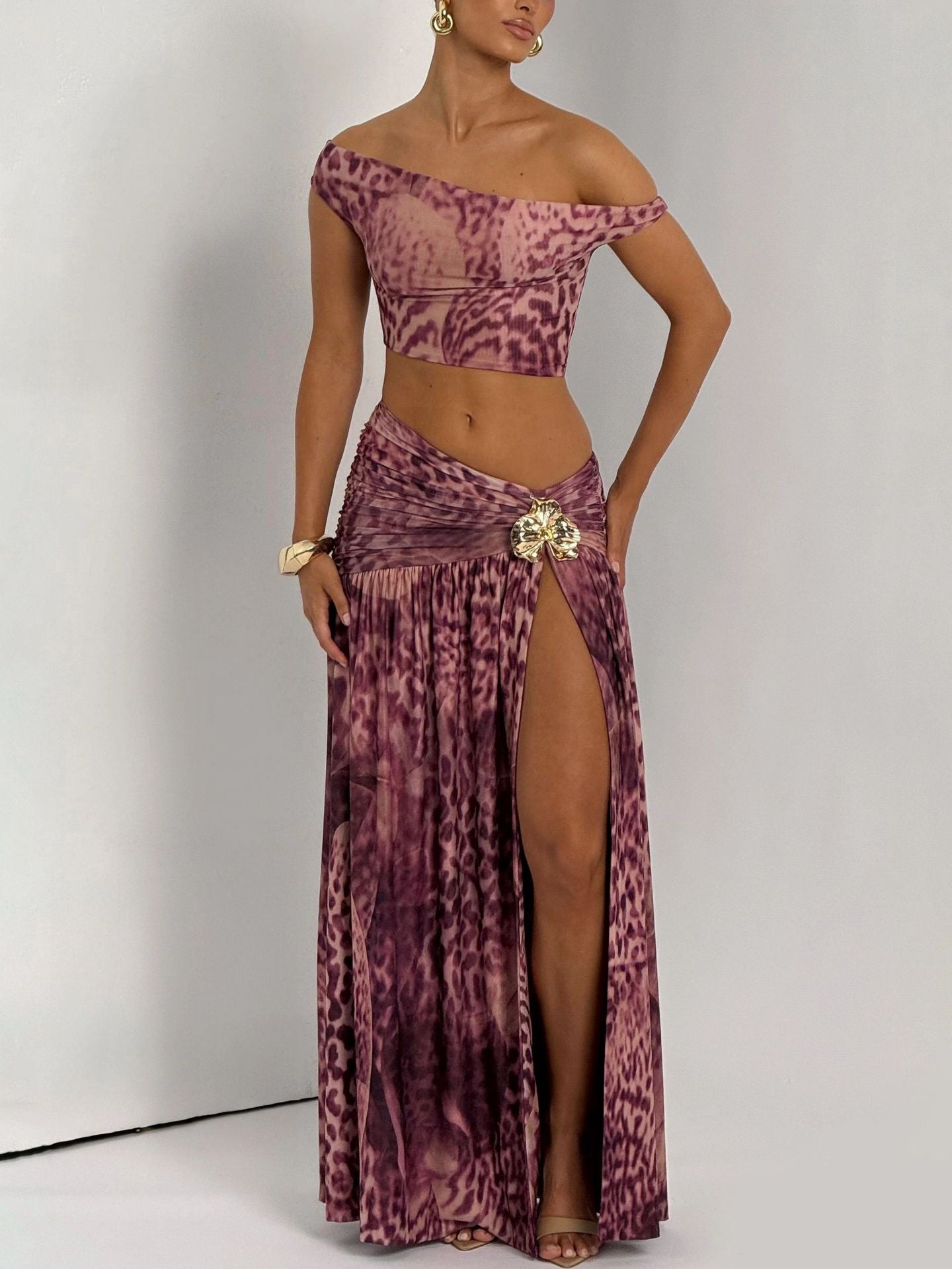 Summer Sexy Slash Shoulder Print Top & Slit Skirt Set 4