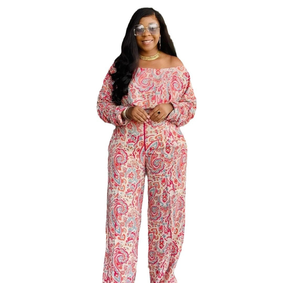Women Sexy Printed Loose Off Shoulder Elastic Pleated Long Sleeve Top and Wide Leg Pants Two-piece Set 6