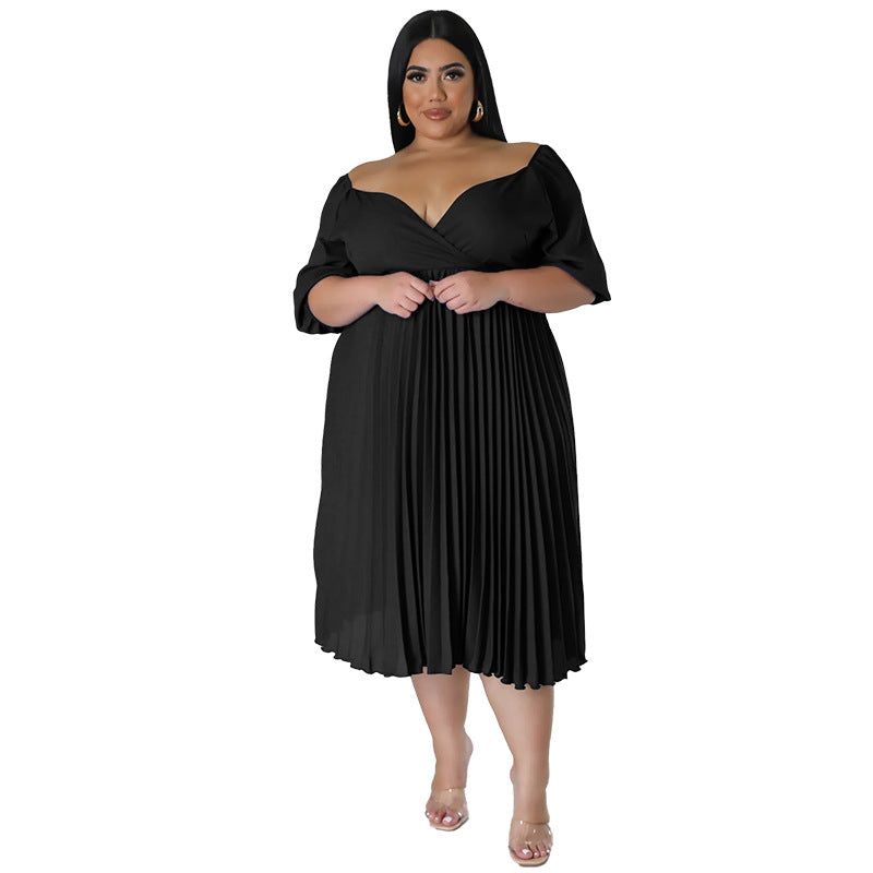 Women's V Neck Hem Pleated Short Sleeves Plus Size Dress 10