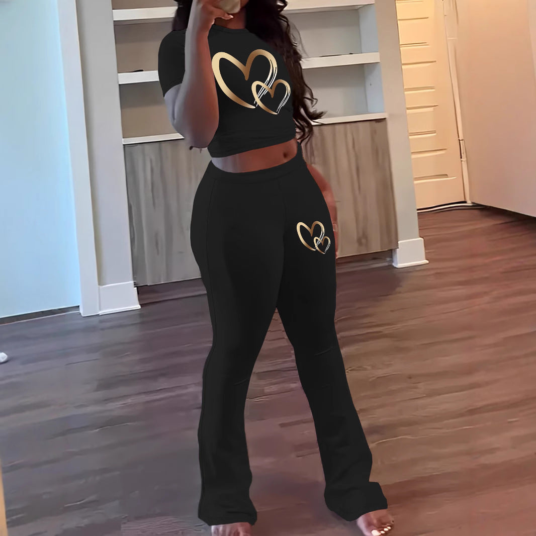 Spring Printed Short Sleeve Round Neck Top and Long Pants Two-Piece Set for Women 3