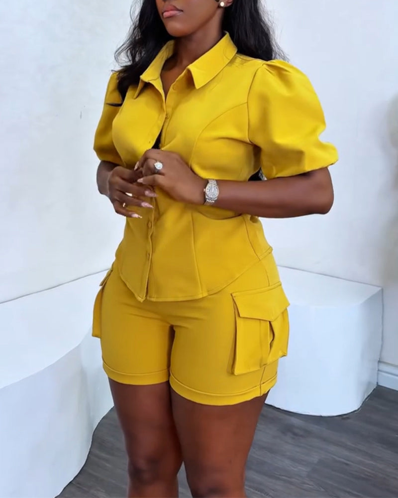 Women's Solid Color Puff Sleeve Shirt Pocket Detail Elastic Waist Shorts Career Casual Set