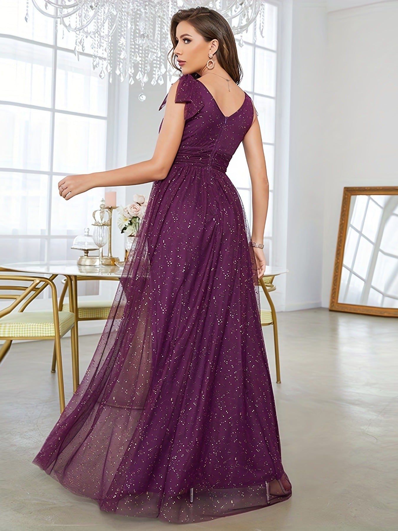 Women sequined bow elegant v-neck ball suspender evening dress（Processing time need 3-6 days） 6