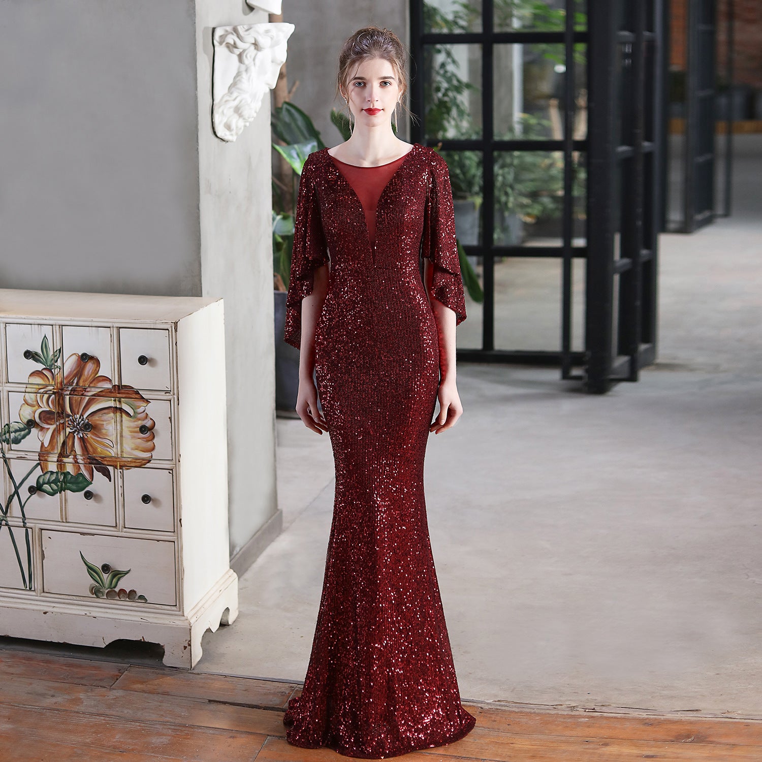 Autumn Formal Sequins O-Neck Mermaid Evening Dress