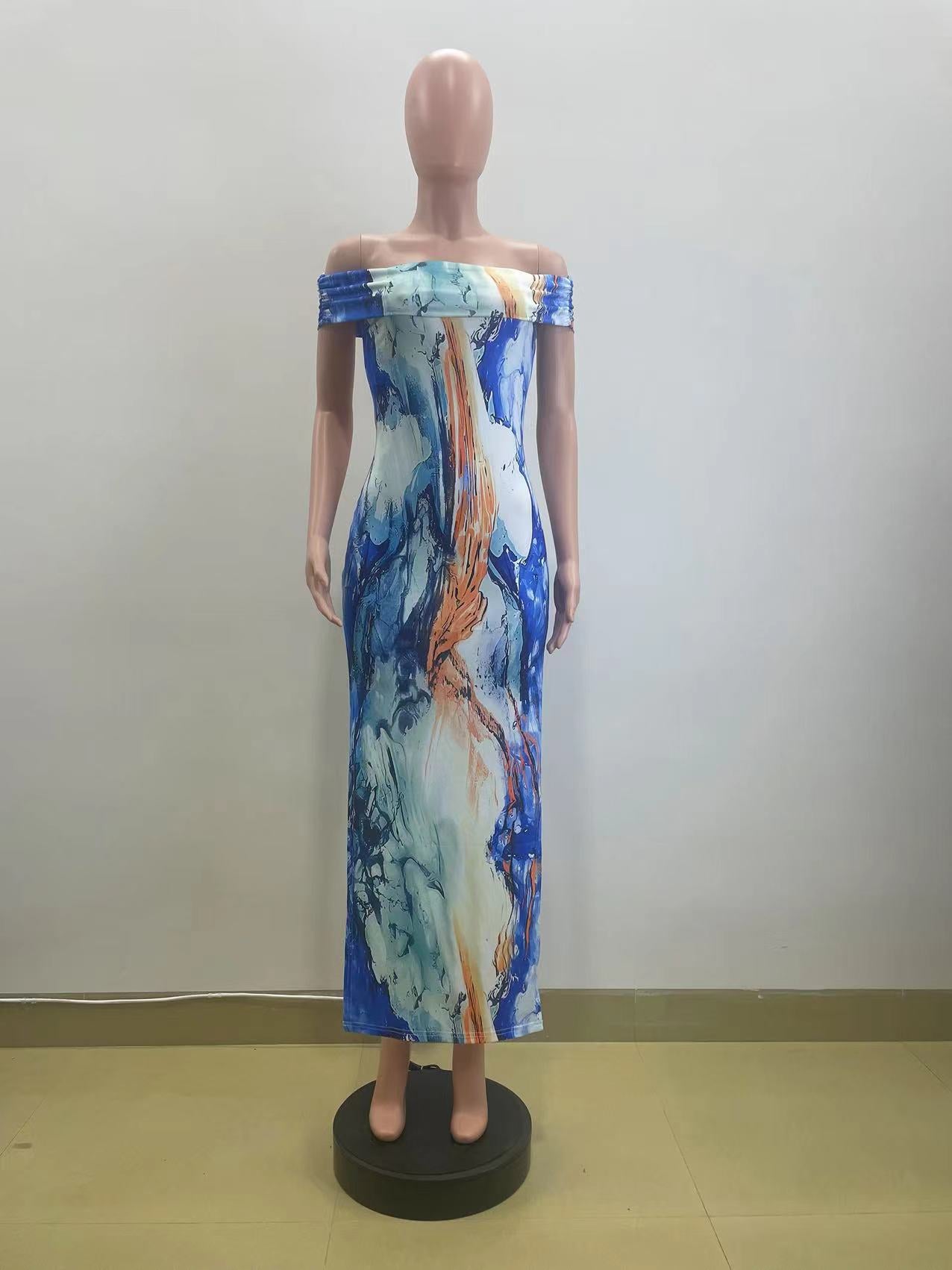 Women Multi-Color Printed Off Shoulder Sexy Slit Dress 7