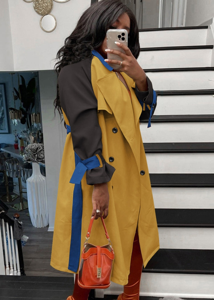 Fall Fashion Contrast Kahaki And Brown Long Sleeve Button-Open Long Coat