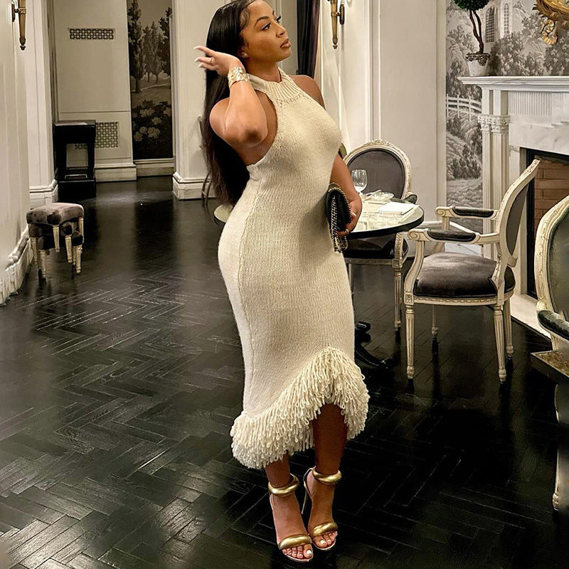 Spring Women's Sexy Halter Neck Low Back High Waist Slim Bodycon Knitting Dress 4