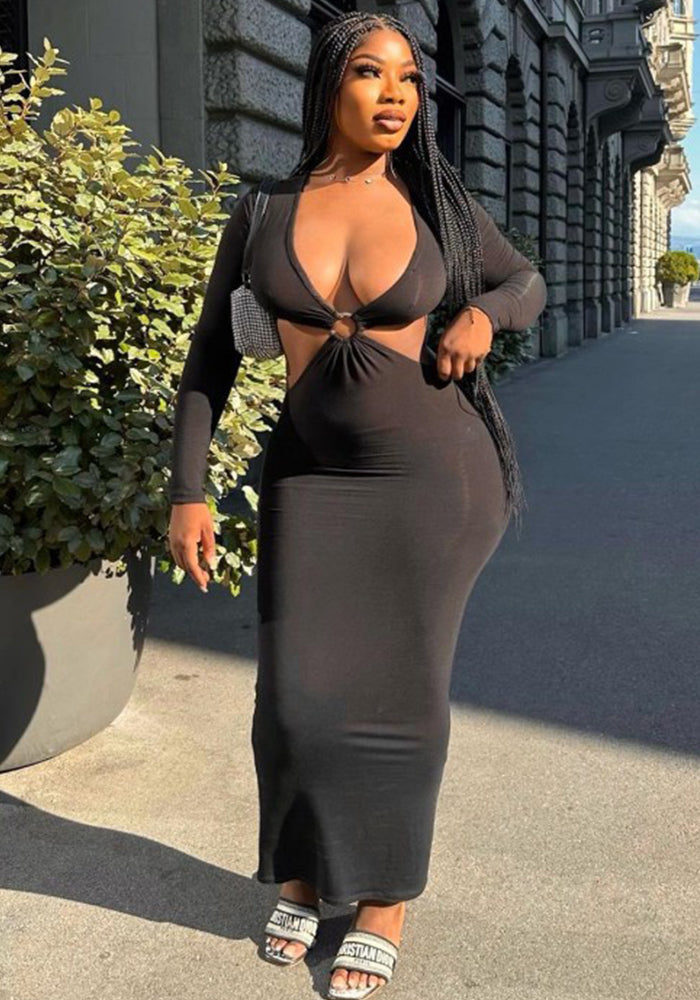 Women Autumn Solid Long Sleeve Cut Out Dress