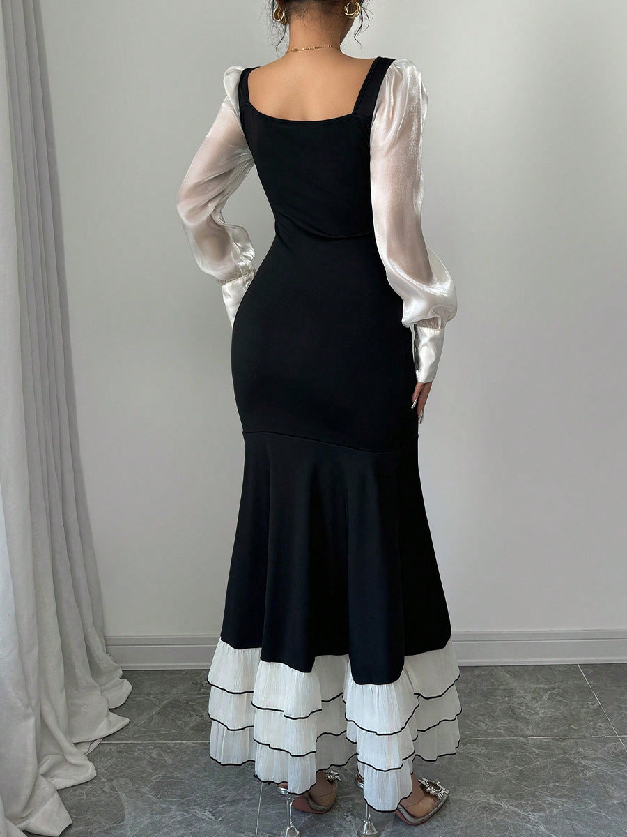Women autumn long-sleeved contrast color fishtail dress 5