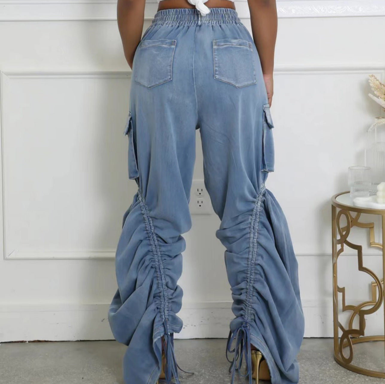 High Street Trendy Drawstring Pleated Loose Denim Pants