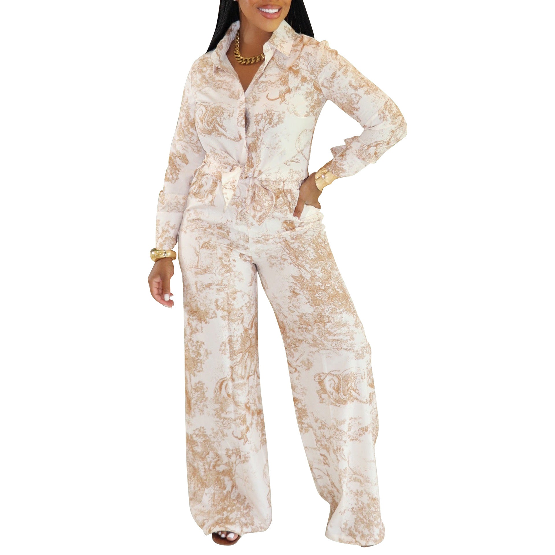 Women Casual Long-Sleeved Shirt and Pants Two-Piece Set 8