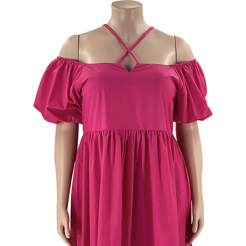 Solid Color Sexy Strapless Halter Neck Plus Size Women's Fashion Loose Short Sleeve Dress 20