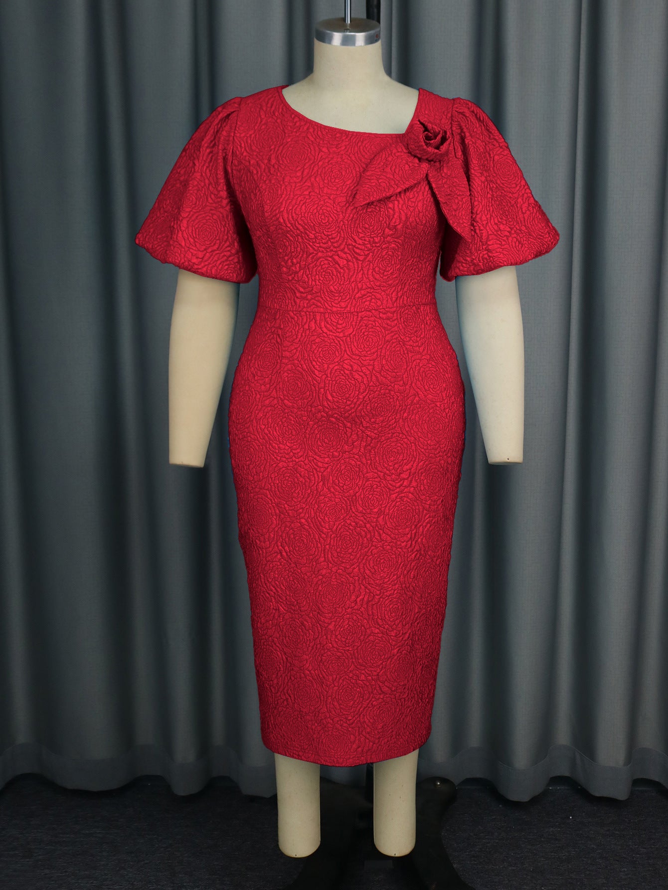 Plus Size Asymmetrical Puff Sleeve High Waist Jacquard Formal Dress 13