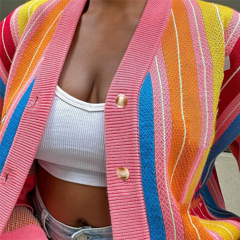 Autumn Women's Fashion Contrast Color Knitting Striped Long Sleeve Cardigan Loose Casual Top 5