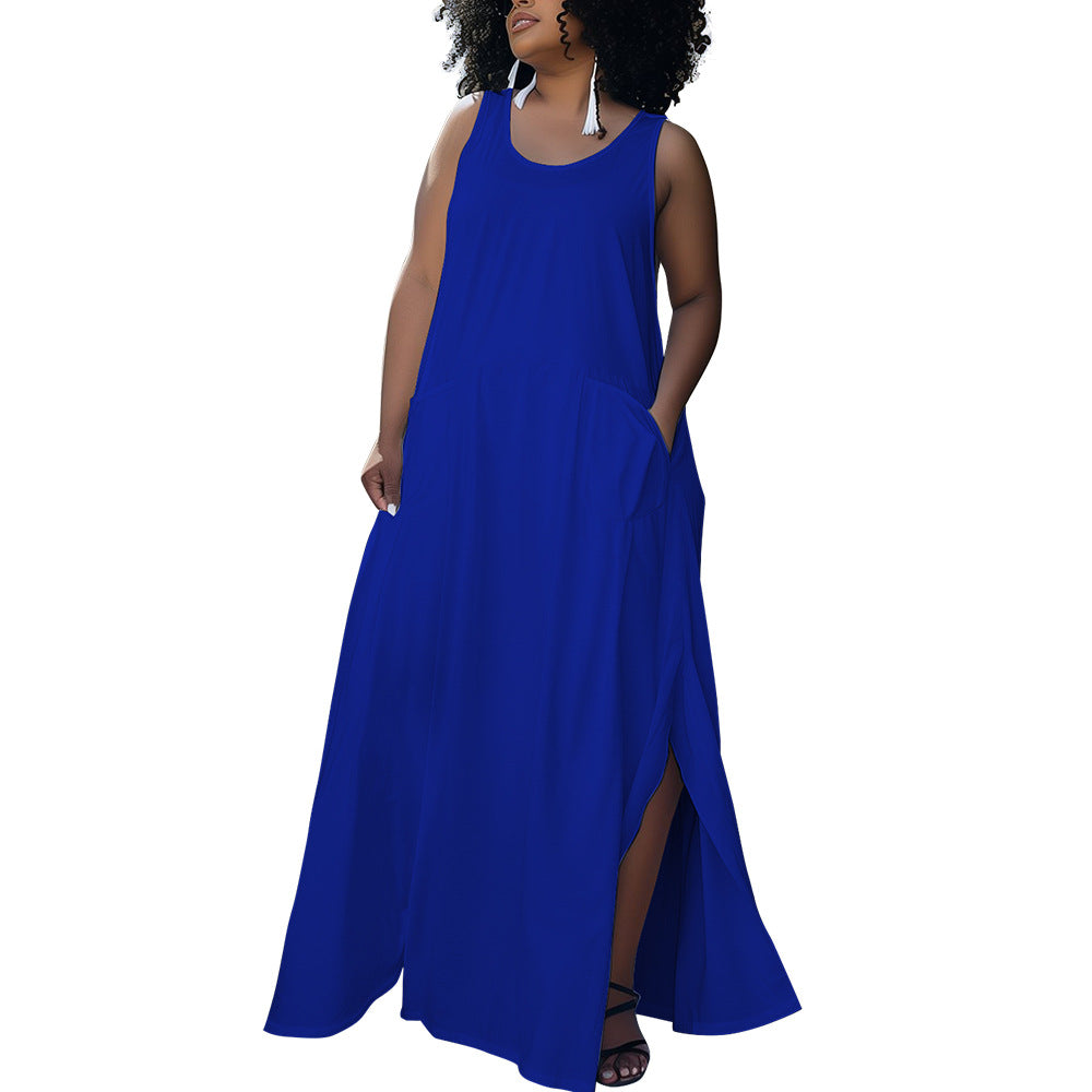 Plus Size Women Summer Pocket Sleeveless Round Neck Dress 9