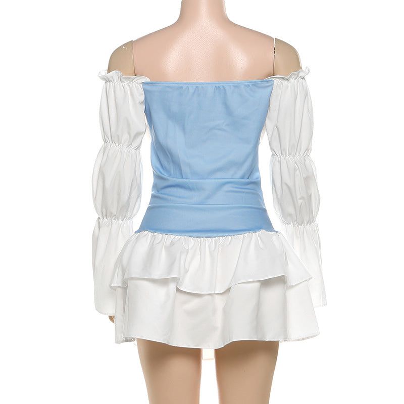 Autumn Women's Sexy Color Block Off Shoulder Puff Sleeve Slim Waist Casual Dress 12