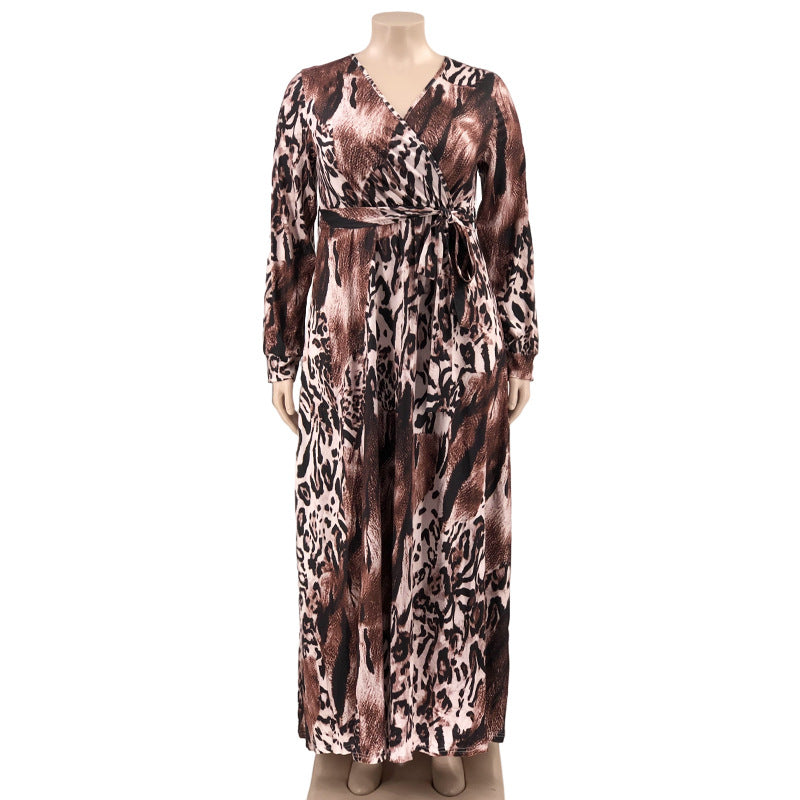 Summer Leopard Print Belted Wrap Neck Loose Plus Size Women's Dress 18