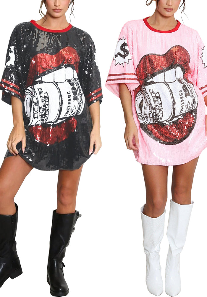 Women Round Neck Half-sleeved sequined print dress