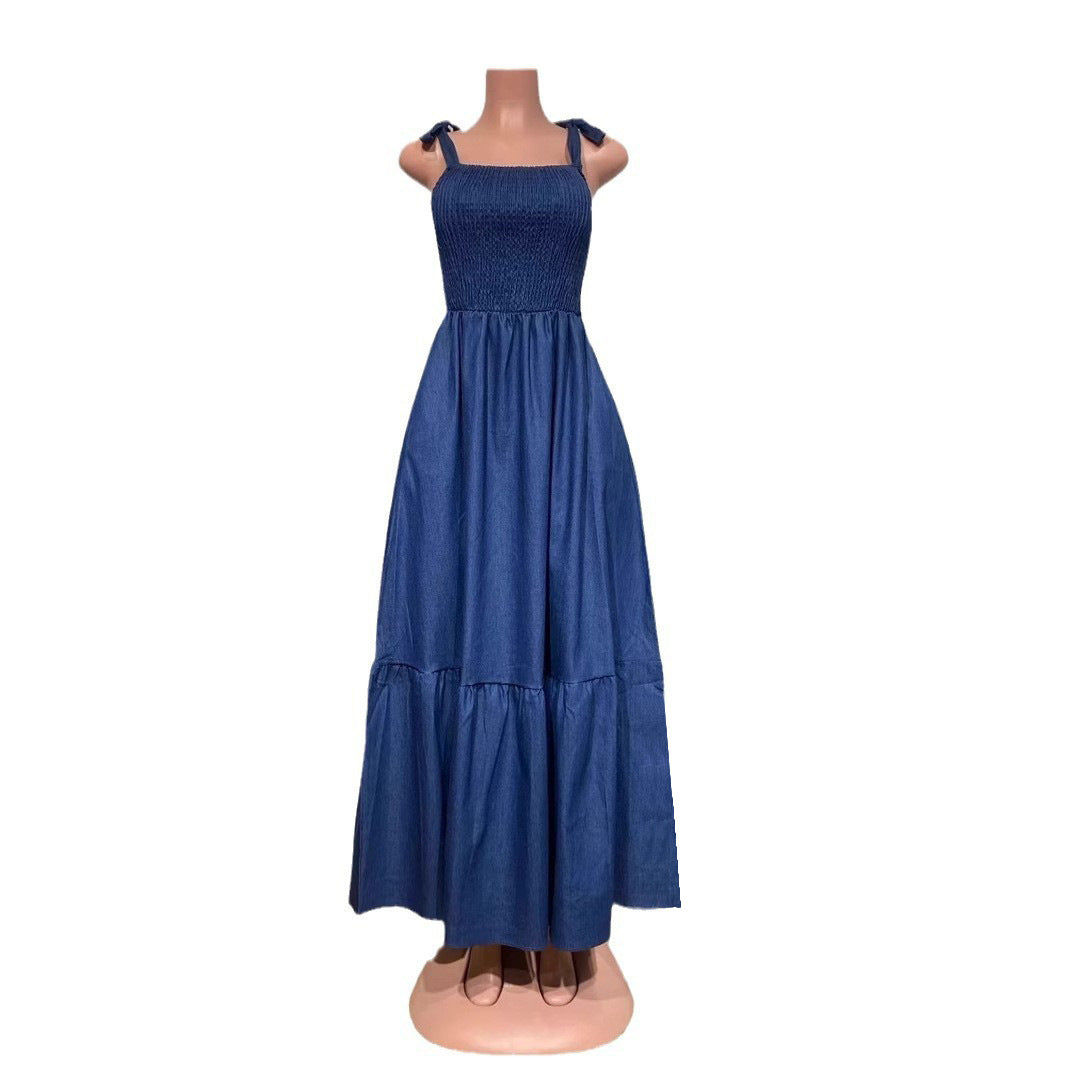 Women strapless off-the-shoulder lace-up denim dress 6