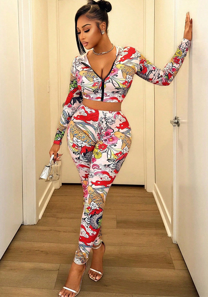 Women autumn hooded printed top and pants two-piece set