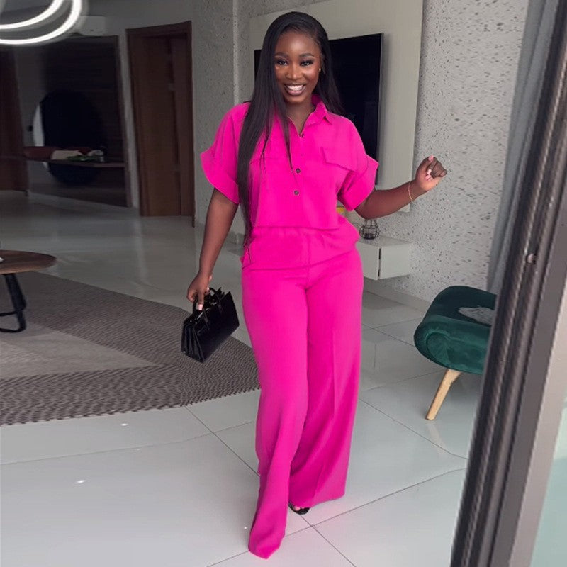 Women Casual Solid Turndown Collar short-sleeved shirt and wide-leg Pant two-piece set 7