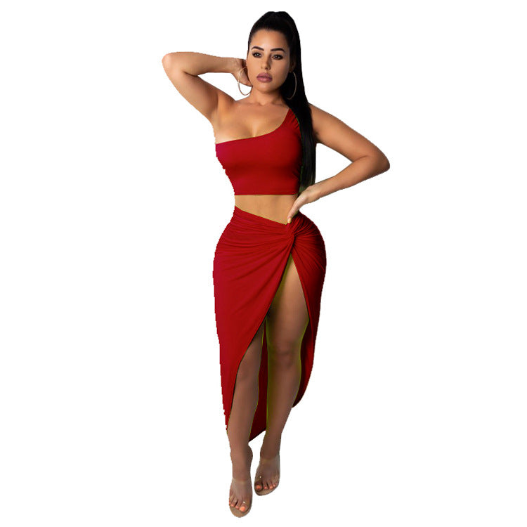 Plus Size Women Crinkled Solid Crop Top And Skirt Two Piece 3