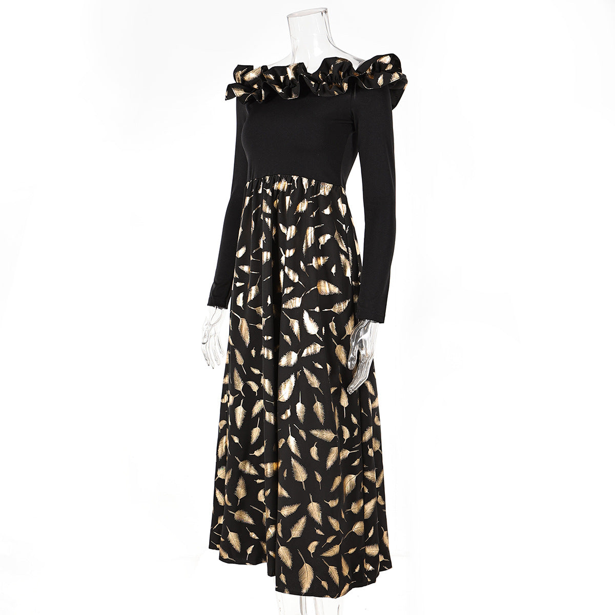 Women Sexy Off Shoulder Long Sleeve Shiny Feather Slit Dress 8