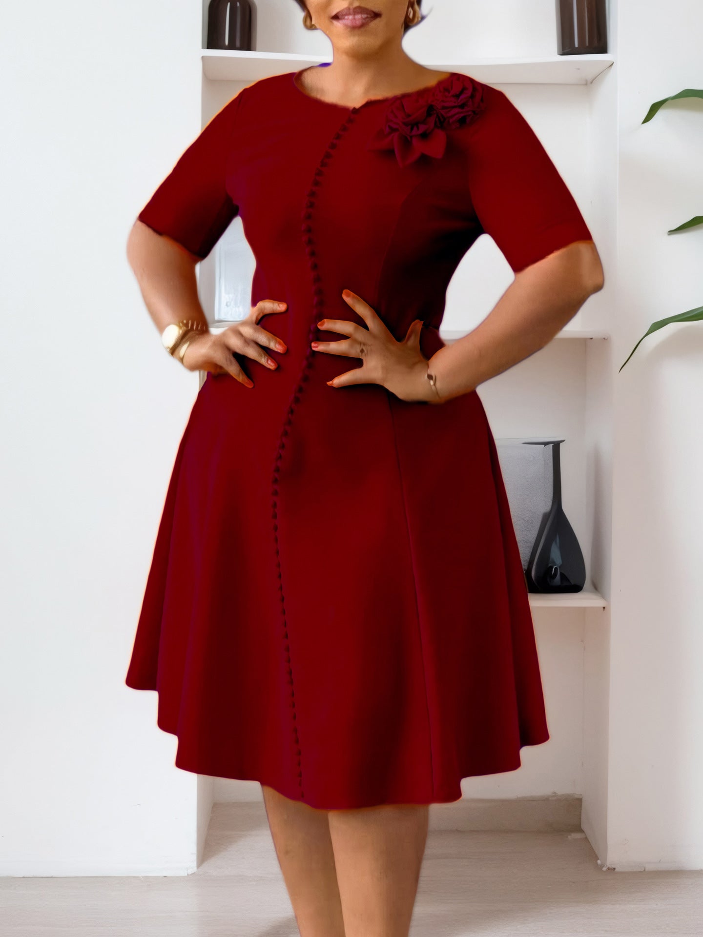 Women's short-sleeved solid color Round Neck Chic elegant African dress 6