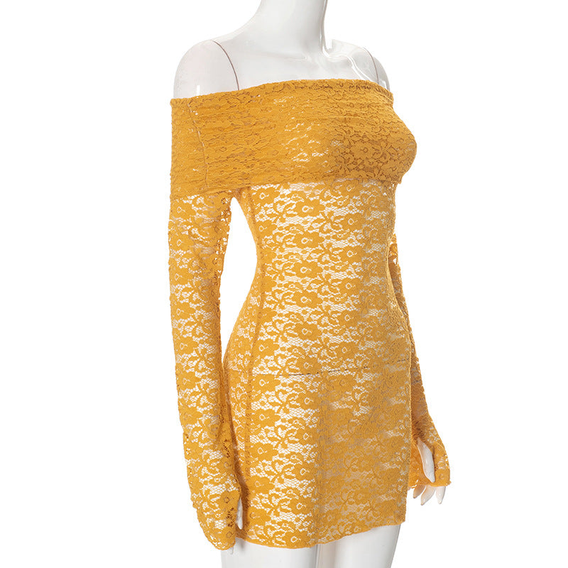 Sexy Lace Hollow Off Shoulder Long Sleeve Dress 9