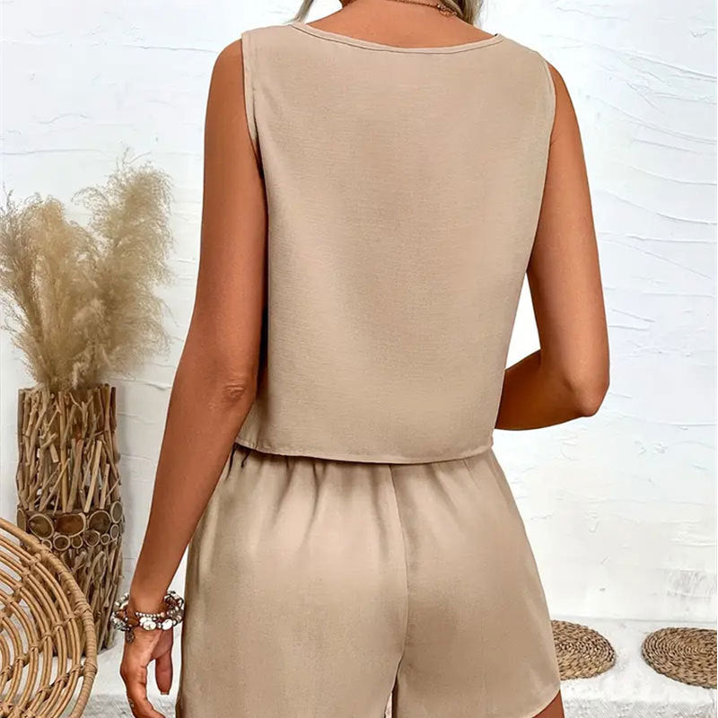 Women Solid button lotus leaf Lace-Up bow sleeveless top and shorts two-piece set 18