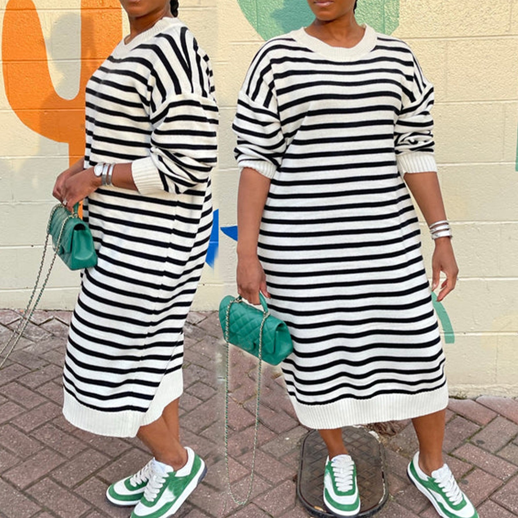 Autumn Winter Women's Fashion Striped Round Neck Plus Size Knitting Loose Long Dress