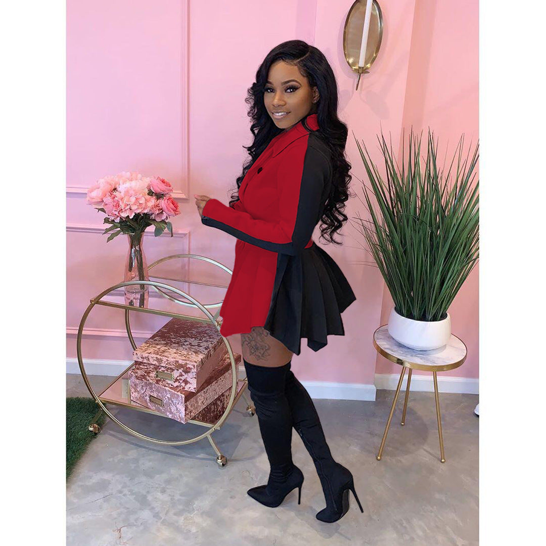 Women Solid Color Block Long Sleeve Casual Dress 19