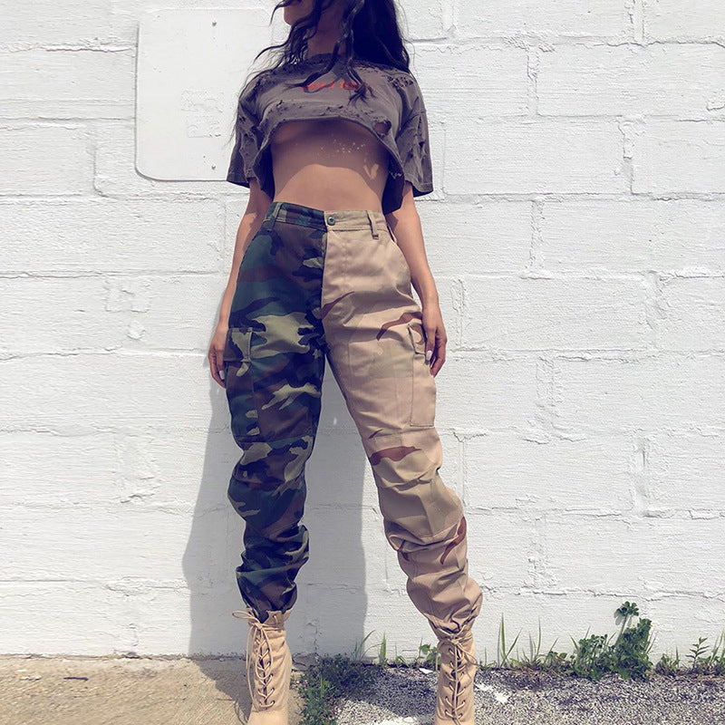 Women's Fashion Style Contrast Patchwork Camo Cargo Pants