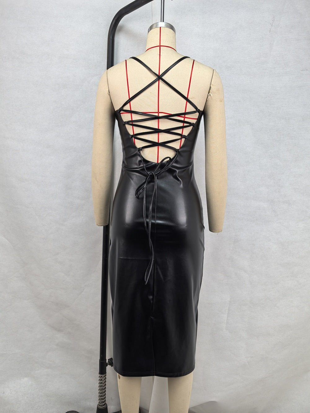 Women Solid pu Leather Patchwork Sexy Suspender Lace-Up Slit Bodycon Dress 7