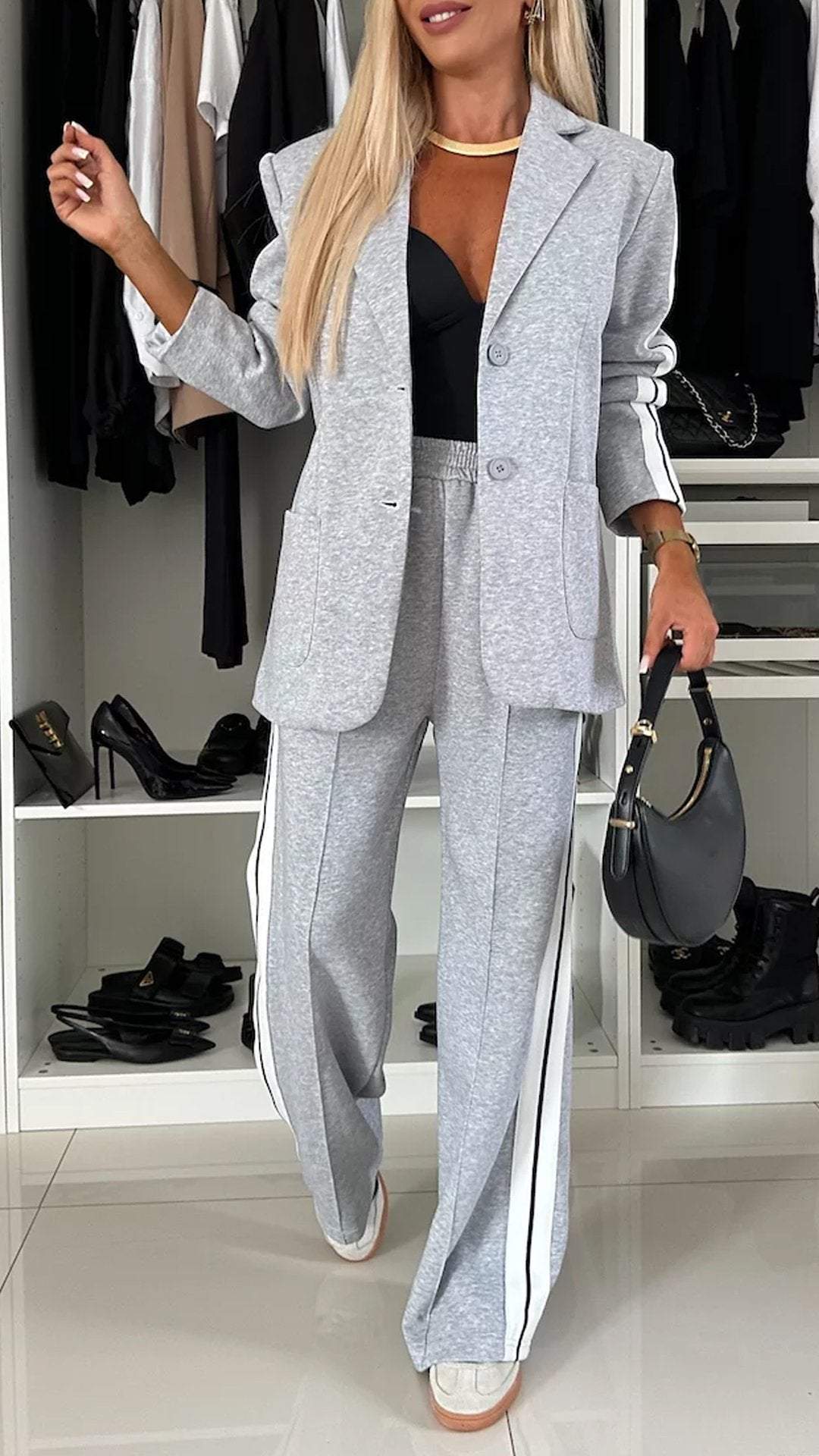 Autumn winter women's long-sleeved Turndown Collar Casual blazer pants two piece set 4