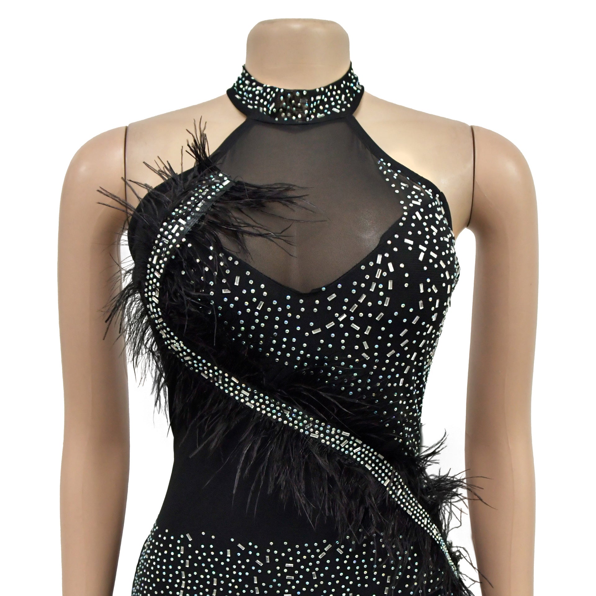 Fashion Women's Solid Color Mesh Beaded Feather Club Dress 18