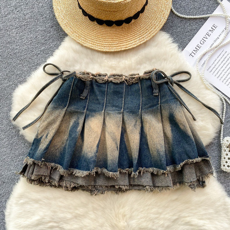 Women Vintage Pleated Bow Denim Skirt 5