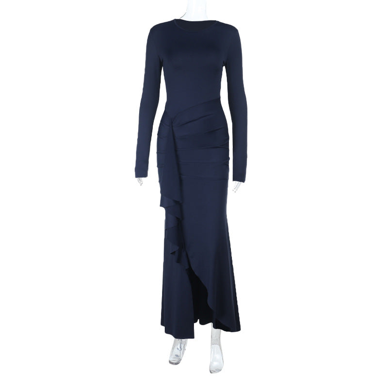 Long-Sleeve Thin Strap Slim Dress with Flounce for Fall and Winter 7