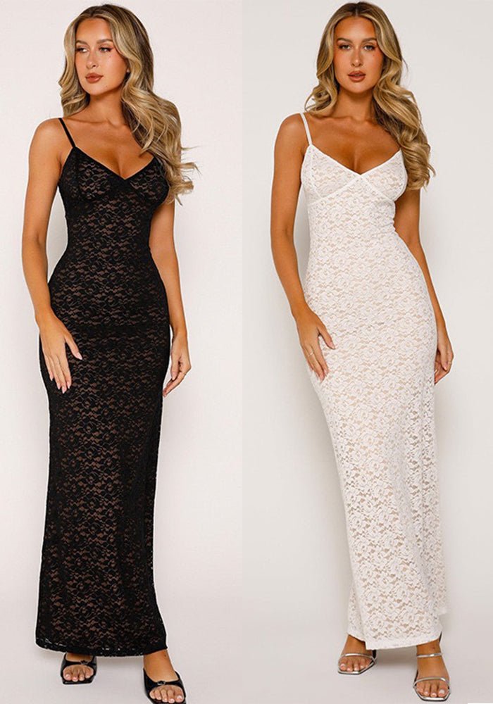 Women Suspender Lace Patchwork See-Through Solid Backless Sexy Maxi Dress