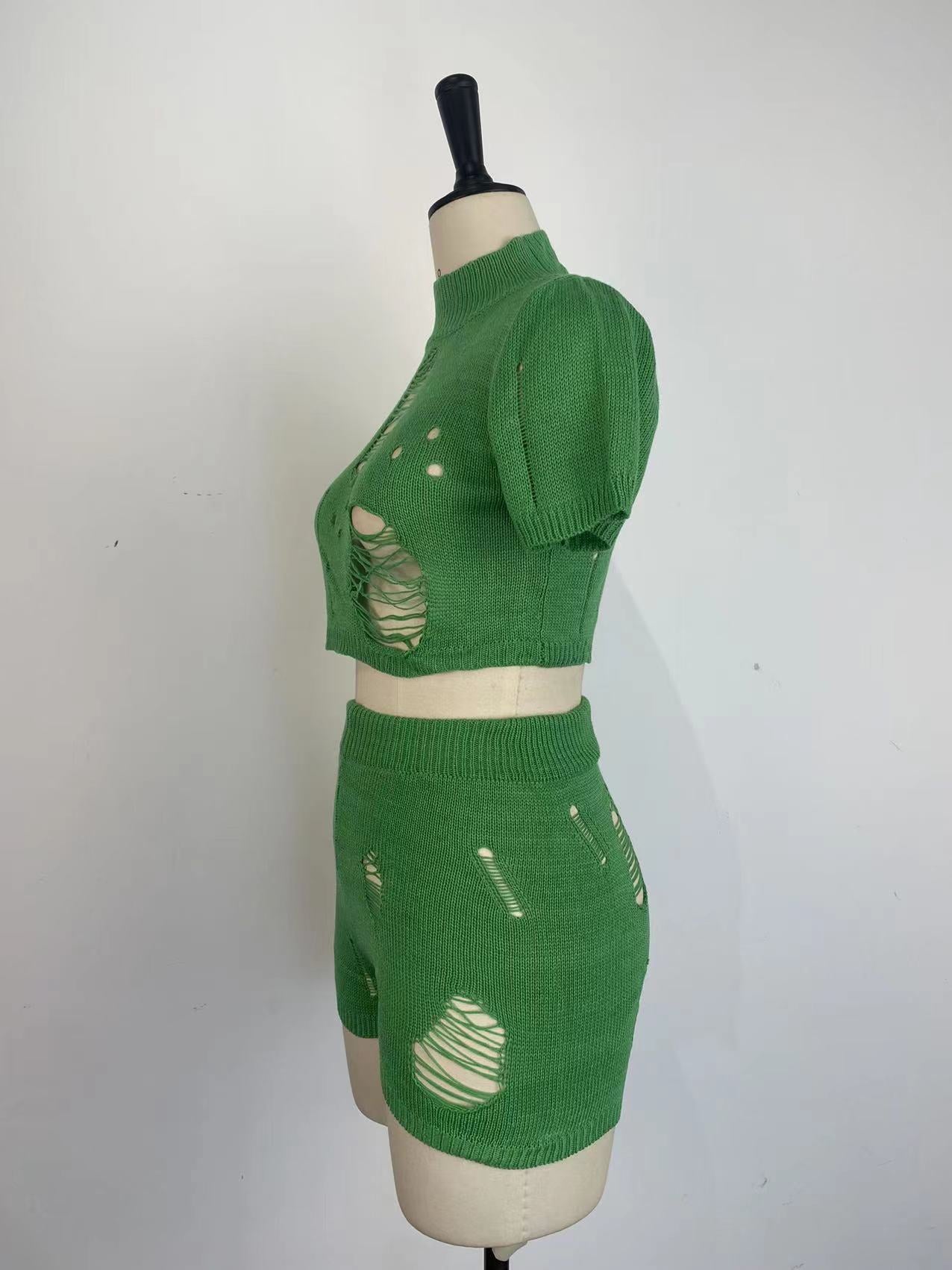 Women Fashion Knitting Tight Fitting Hollow Out Sexy Two Piece Shorts Set Spring Summer 14