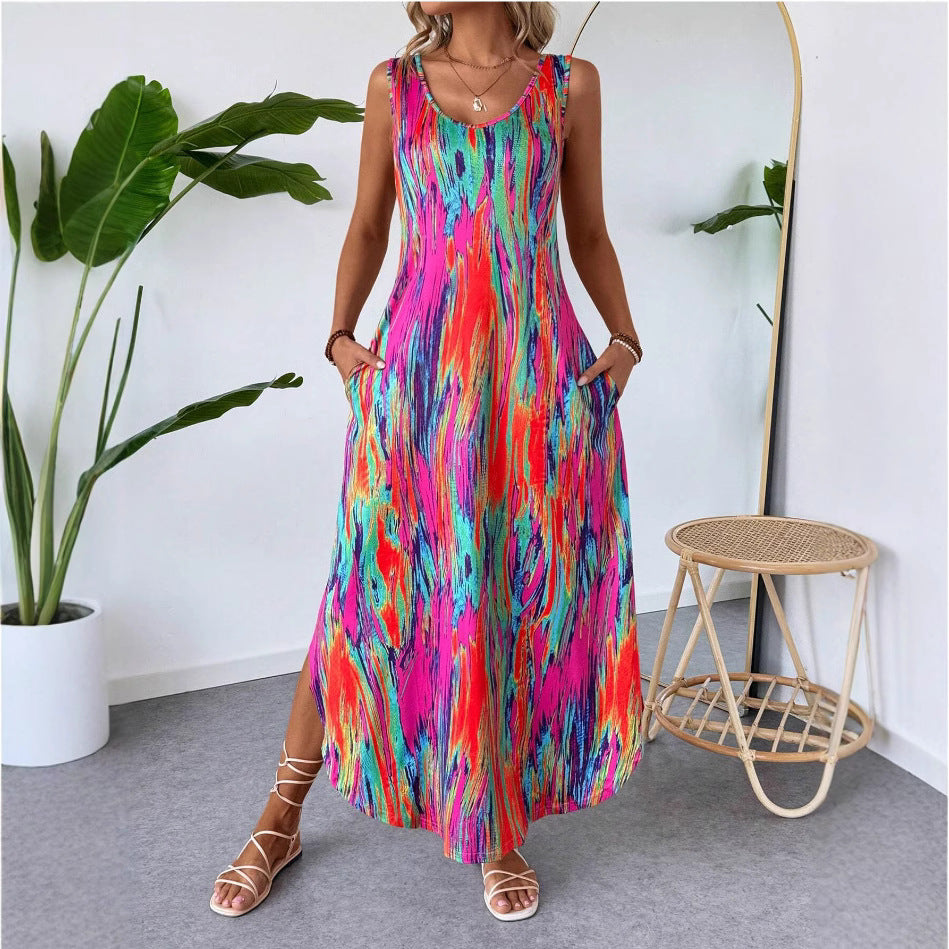 Women Summer Printed Sleeveless Split Sundress 4