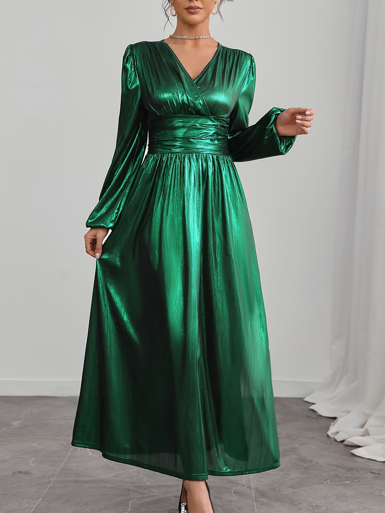 Women's V-Neck Slit Shiny Long Sleeve Midi Dress 4