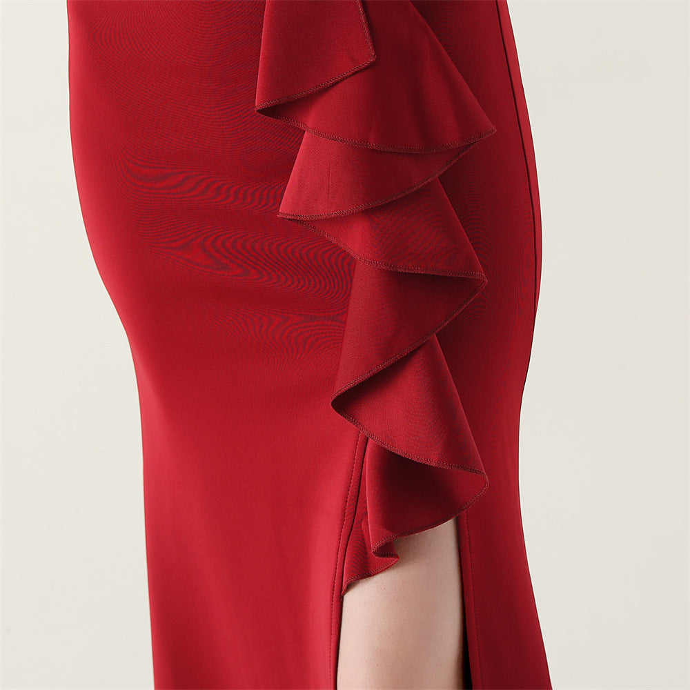 Women beaded tube V neck ruffle draped bead chain bead formal party evening dress 23