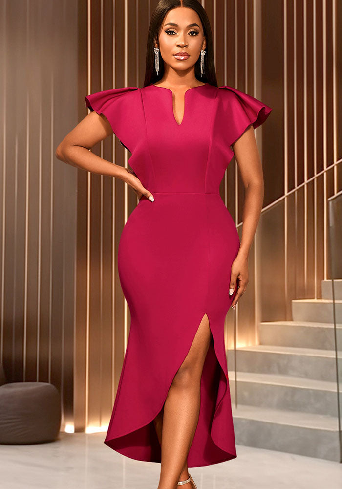 V-Neck Flying Sleeve Ruffle Patchwork Slim Bodycon Formal Party Evening Dress