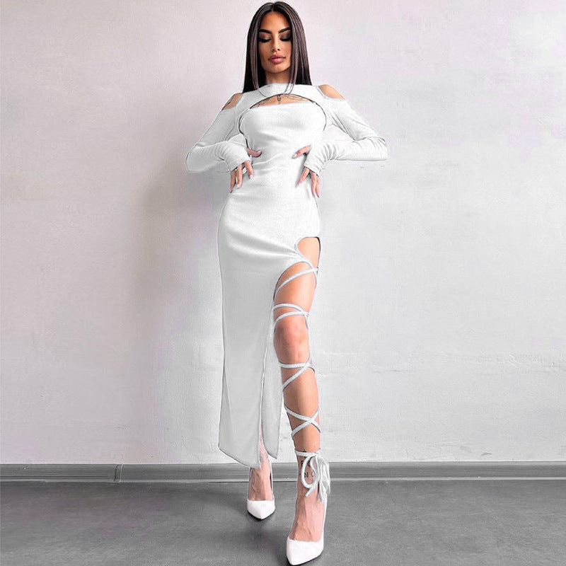 Women Sexy Solid Long Sleeve Hollow Slit Dress 11